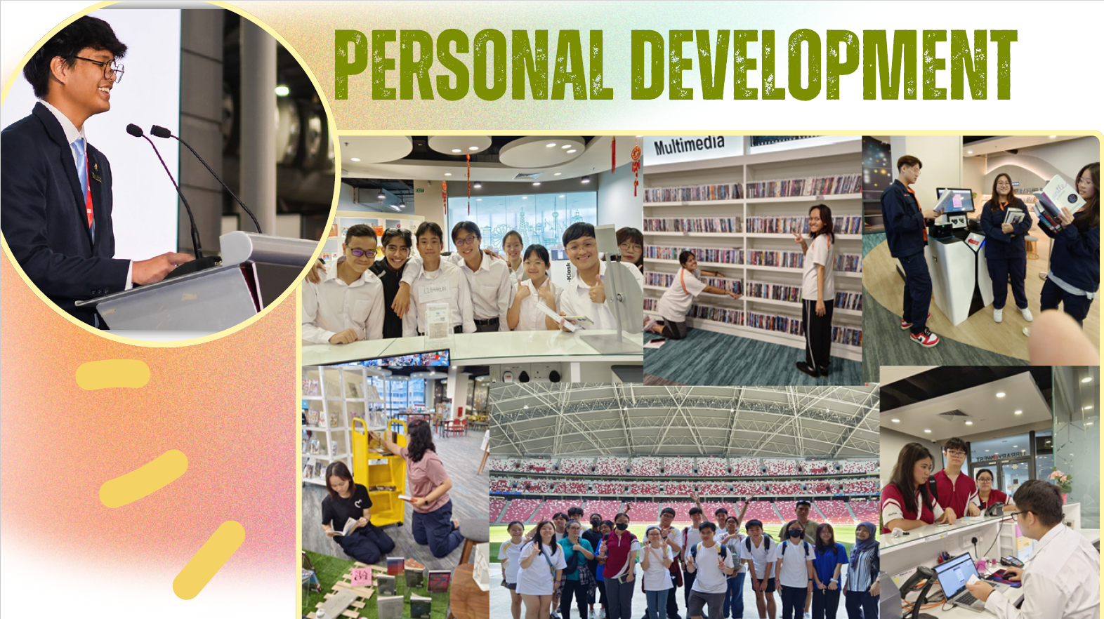 /'Personal Development/' graphic with student photos from school clubs and activities.